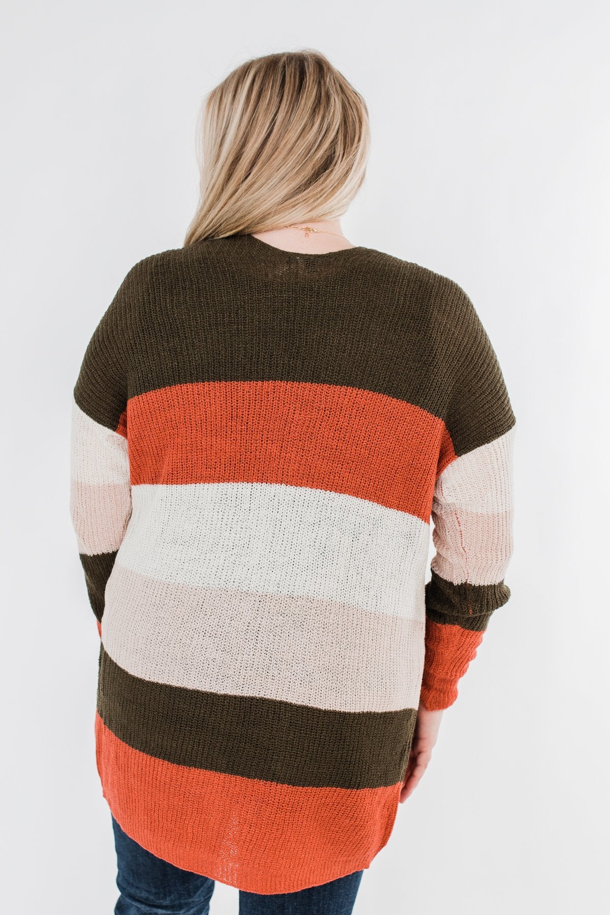 Long Knitted Color Block Cardigan- Forest Tones