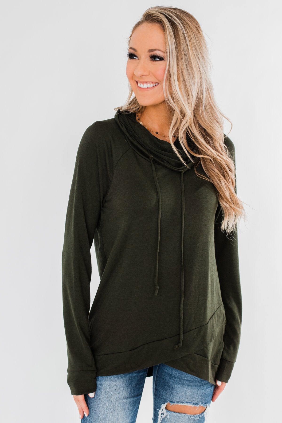 Cute & Casual Cowl Neck Pullover- Dark Olive