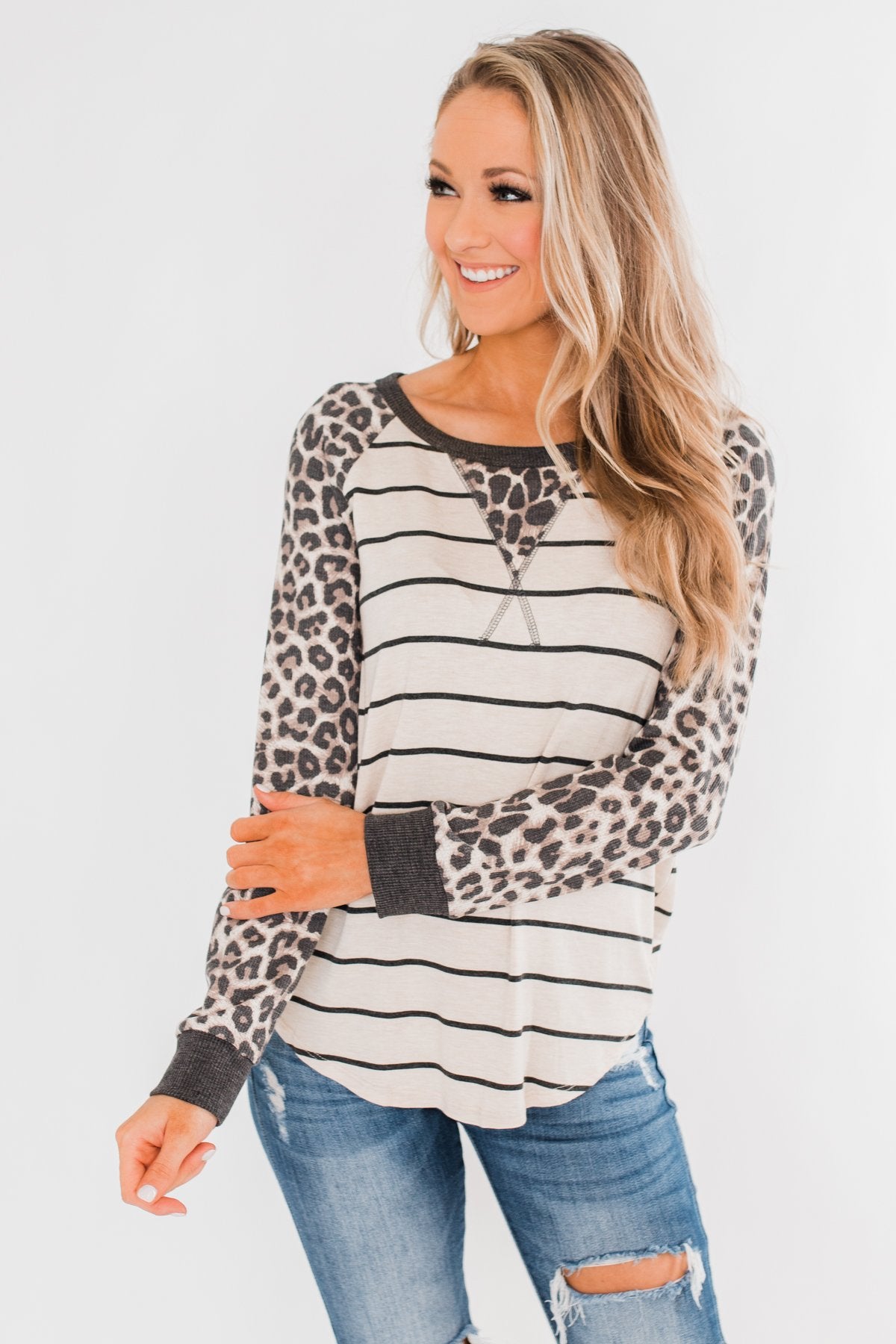 Oh So Fierce Long Sleeve Top- Charcoal & Leopard