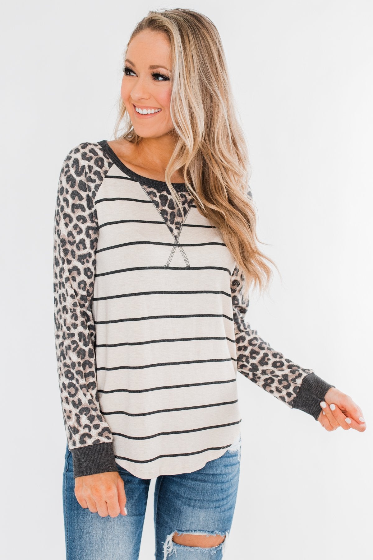 Oh So Fierce Long Sleeve Top- Charcoal & Leopard