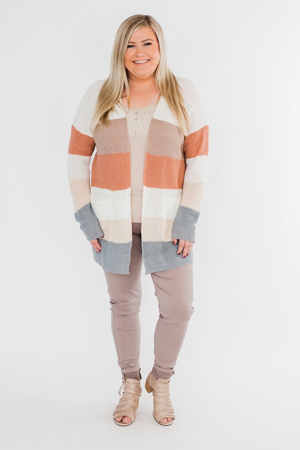 Long Knitted Color Block Cardigan- Neutral Tones