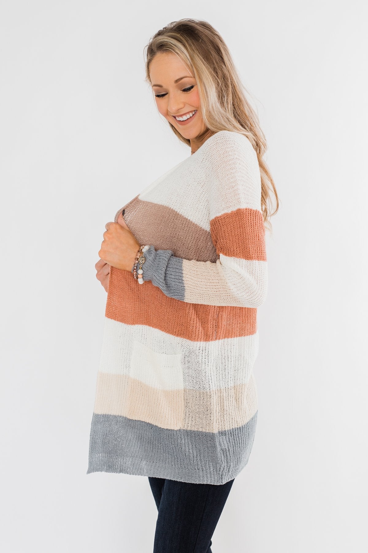 Long Knitted Color Block Cardigan- Neutral Tones