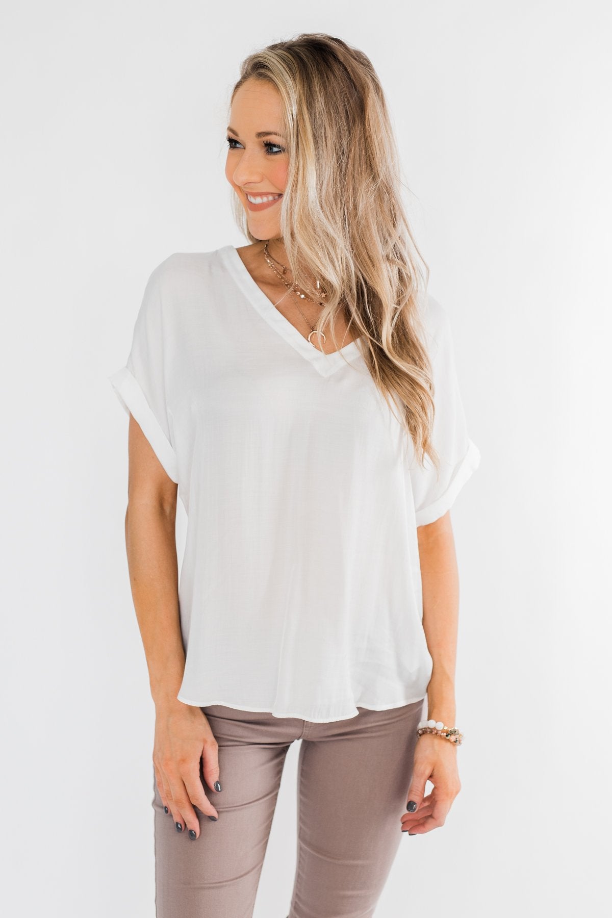 Basic Beauty V-Neck Short Sleeve Top- Ivory