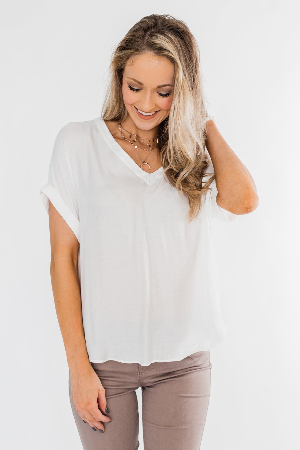 Basic Beauty V-Neck Short Sleeve Top- Ivory
