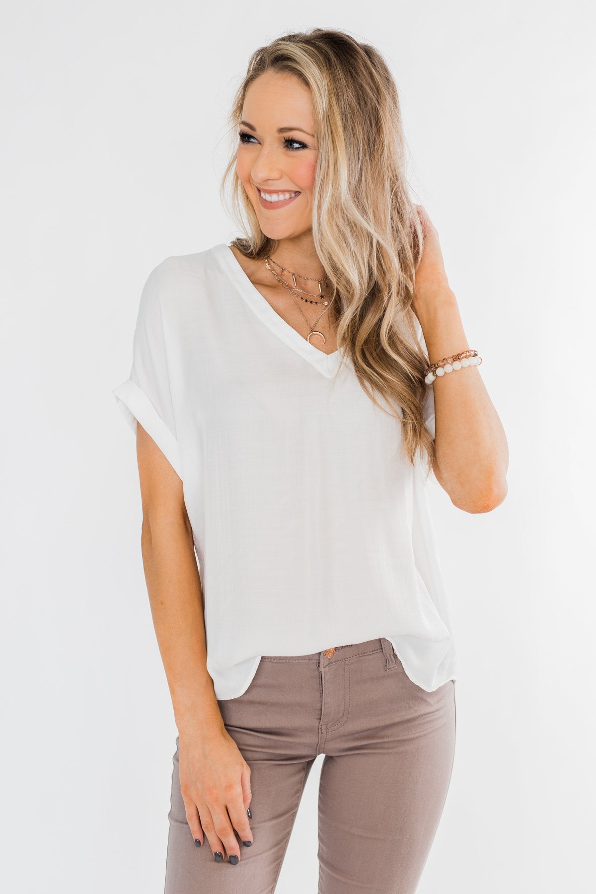 Basic Beauty V-Neck Short Sleeve Top- Ivory