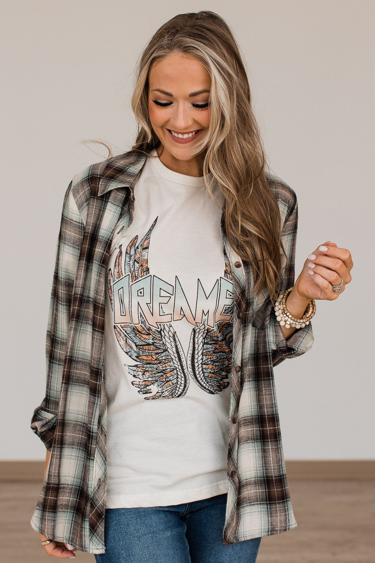 From Now On Plaid Button Top- Sage