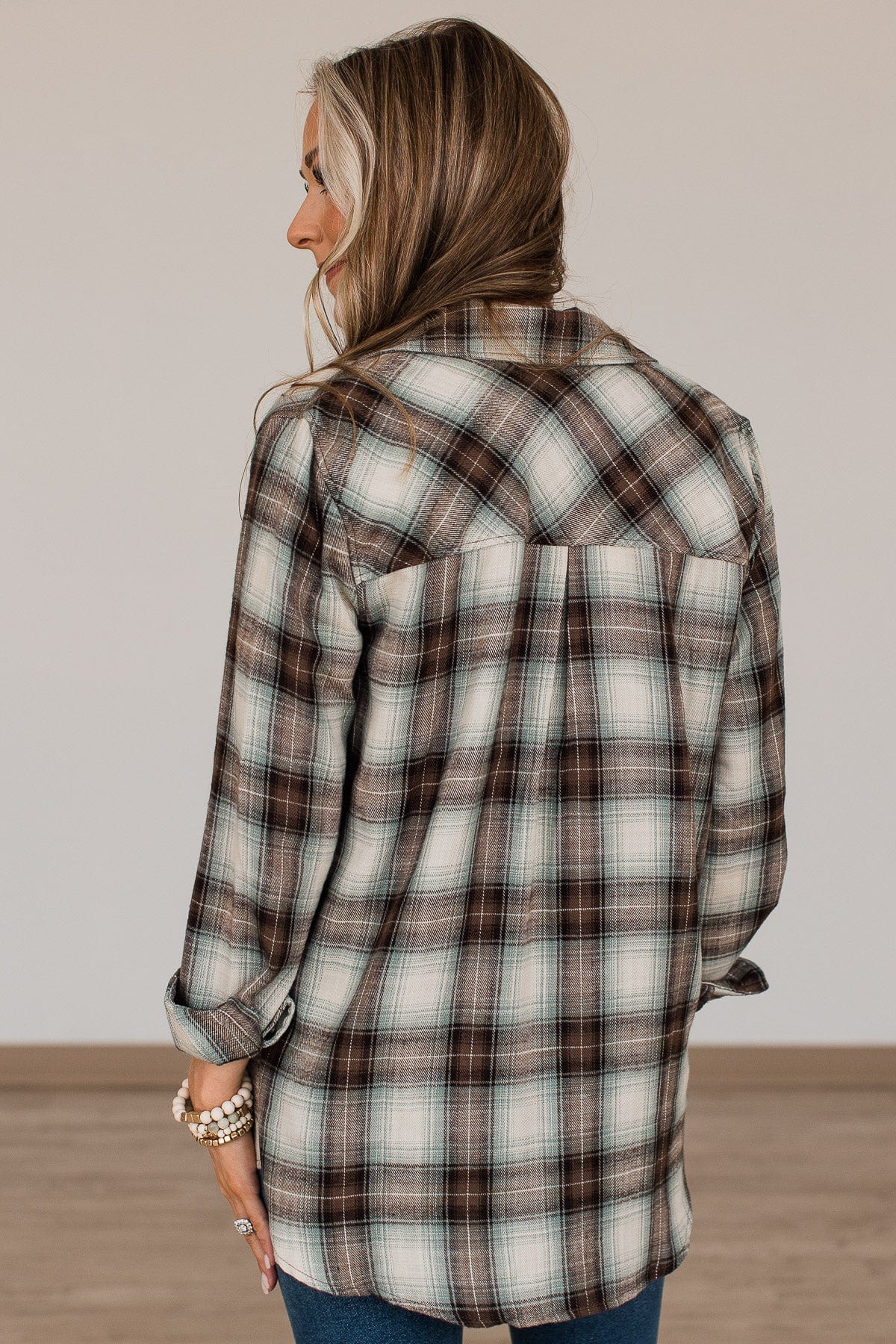 From Now On Plaid Button Top- Sage
