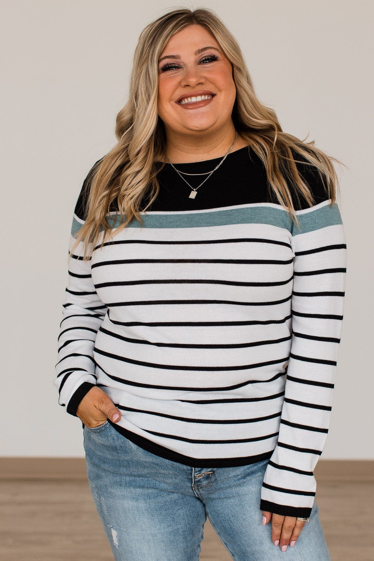 Can't Stay Away Striped Sweater- Black & Teal