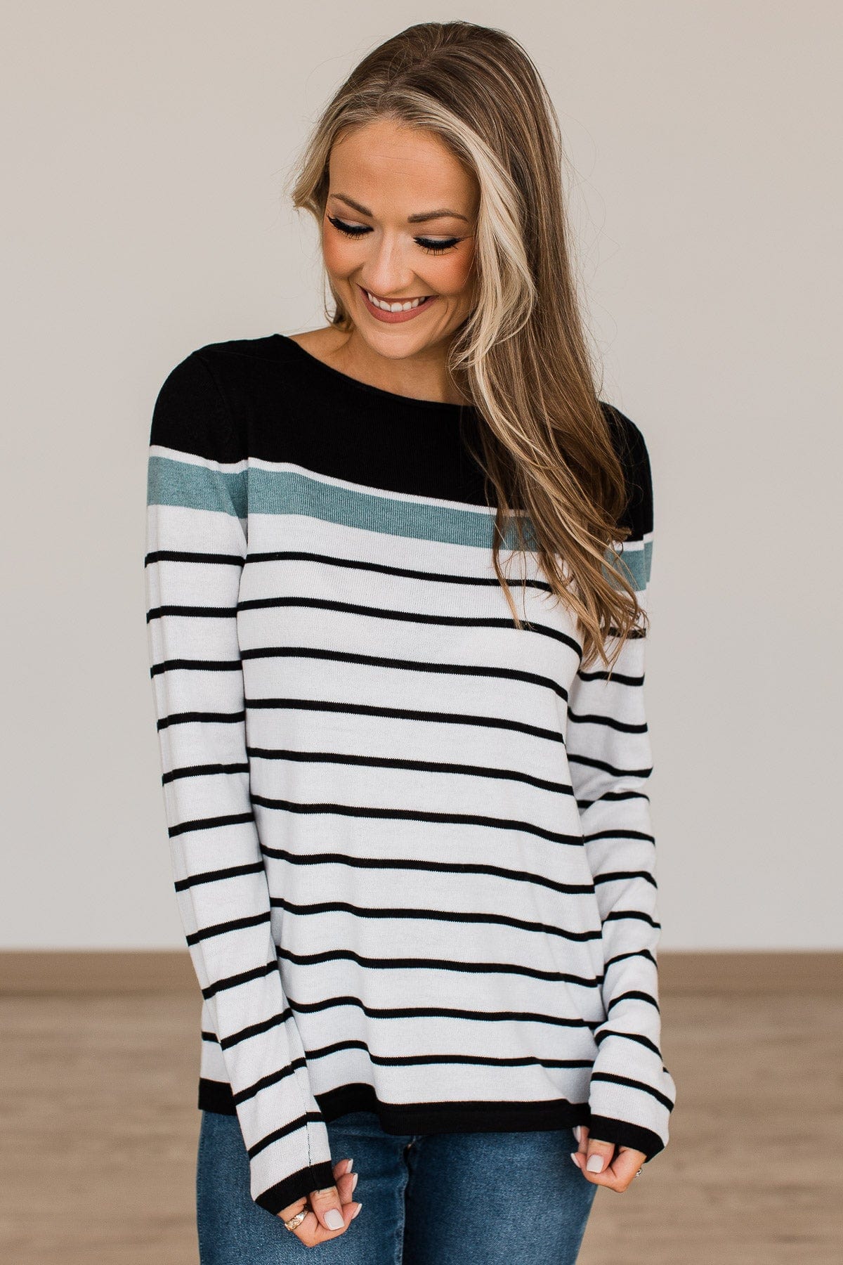 Can't Stay Away Striped Sweater- Black & Teal