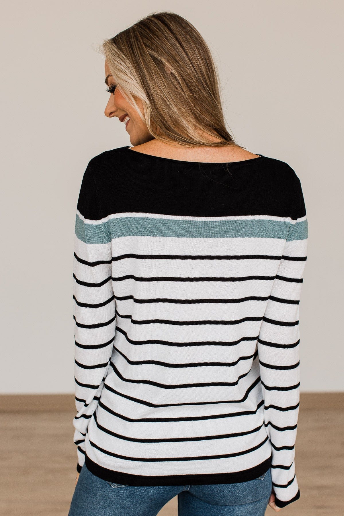 Can't Stay Away Striped Sweater- Black & Teal