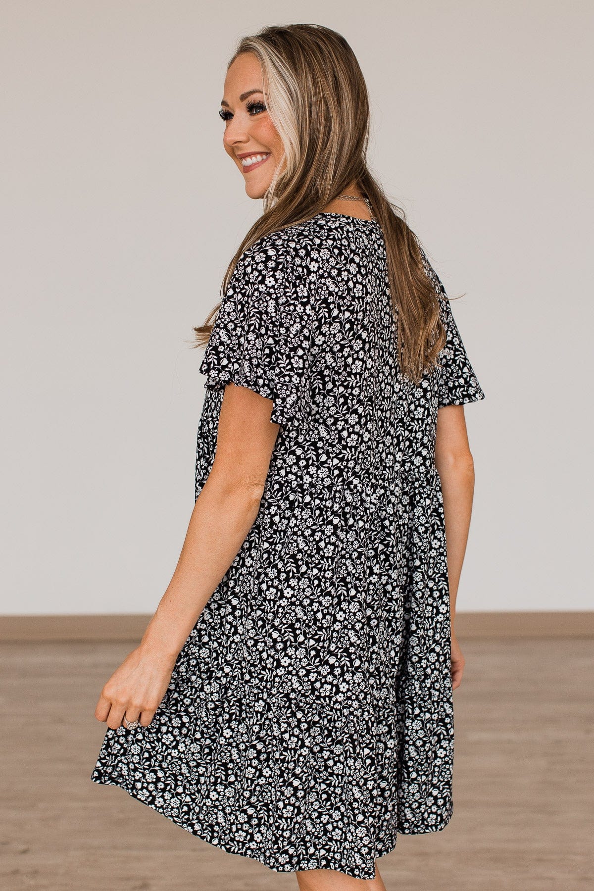 Midnight Memories Floral Tiered Dress- Black