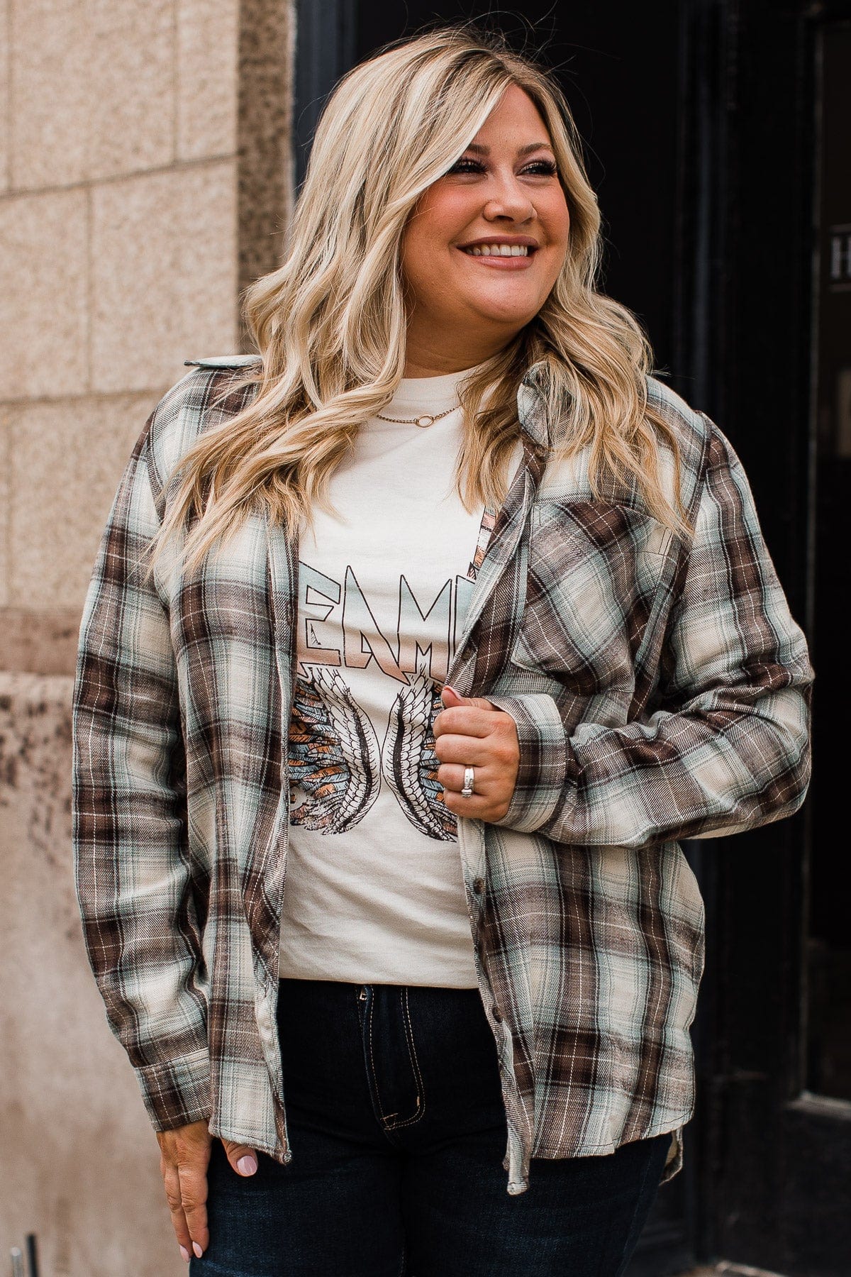 From Now On Plaid Button Top- Sage