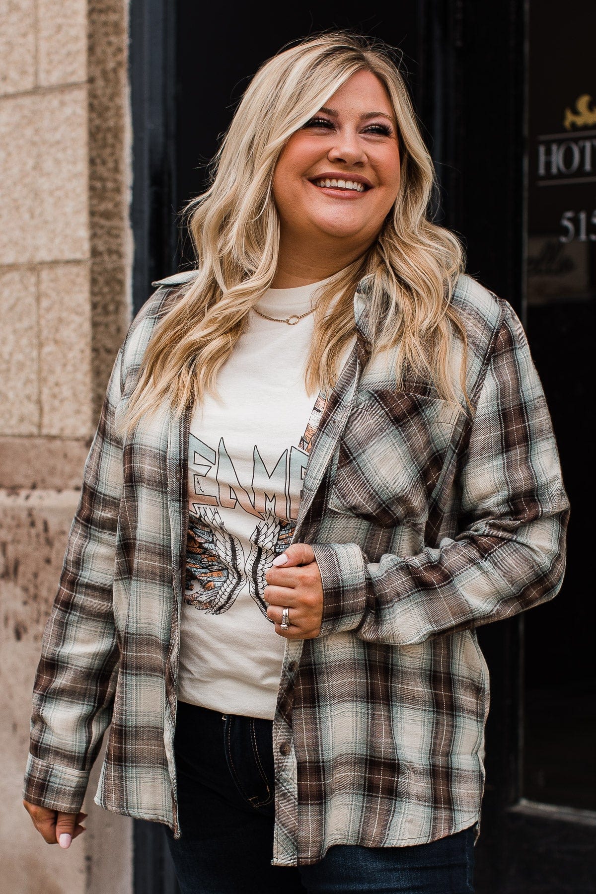 From Now On Plaid Button Top- Sage
