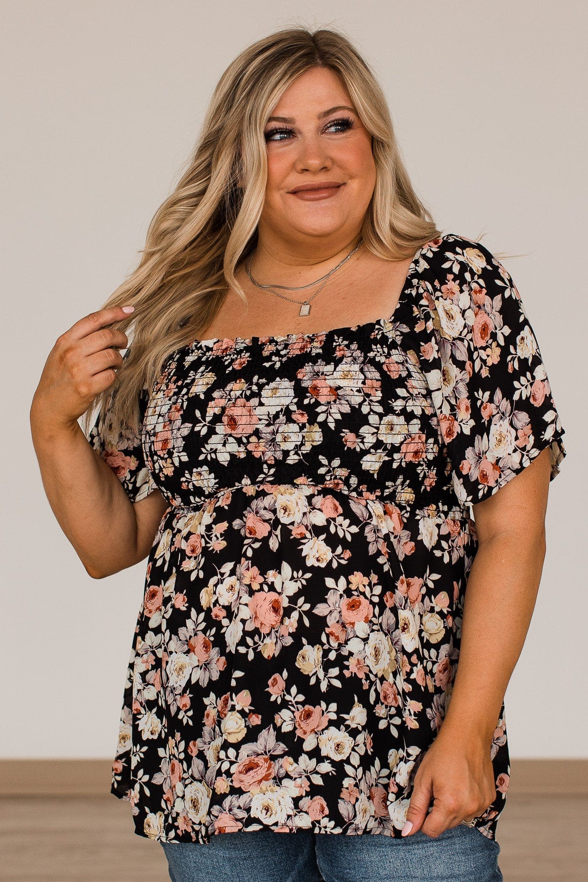 Catch A Glimpse Floral Smocked Blouse- Black