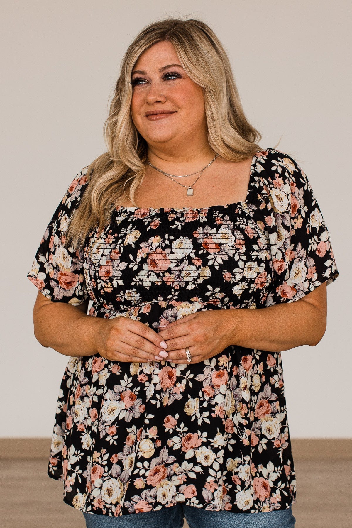 Catch A Glimpse Floral Smocked Blouse- Black