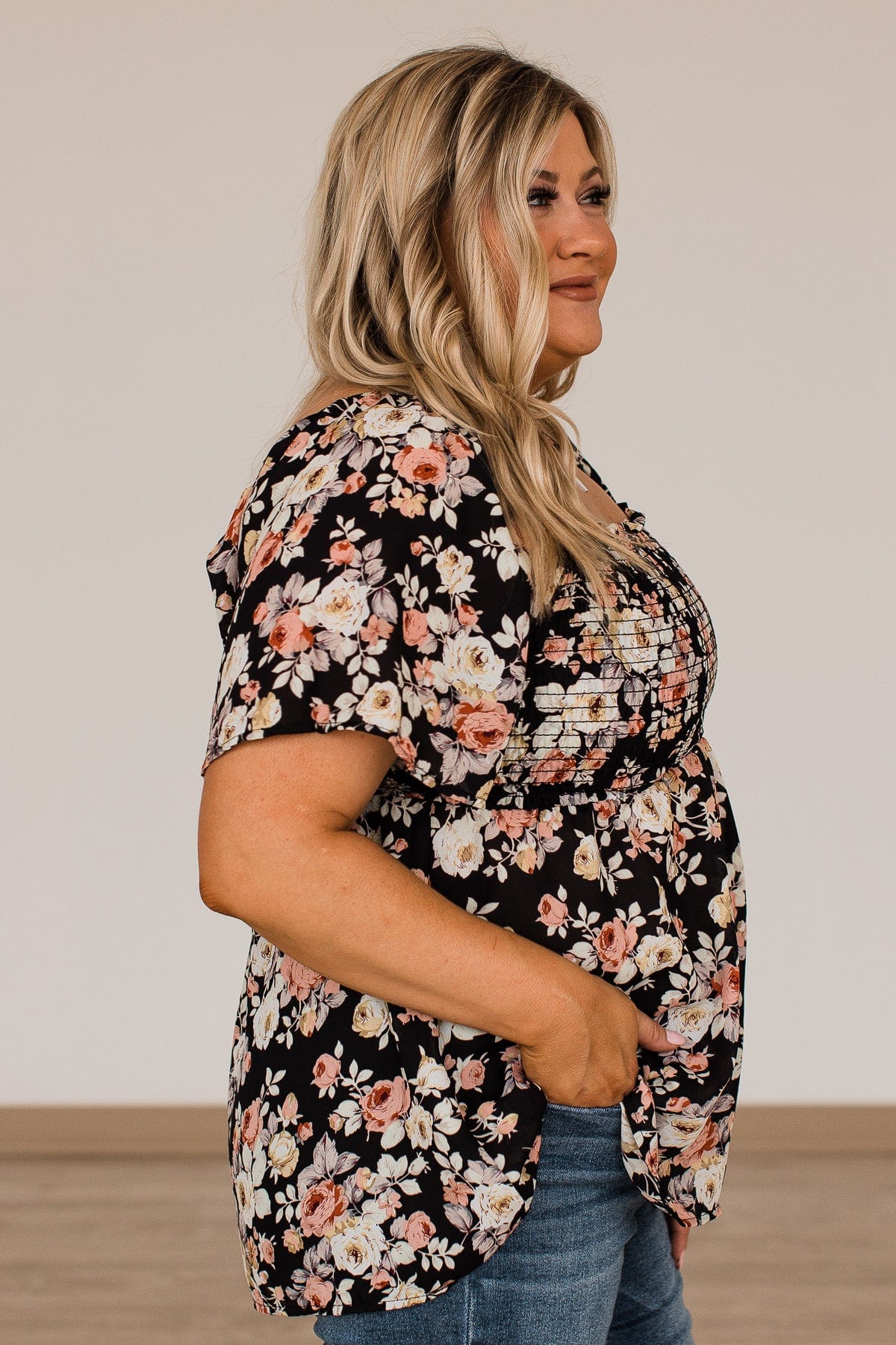 Catch A Glimpse Floral Smocked Blouse- Black