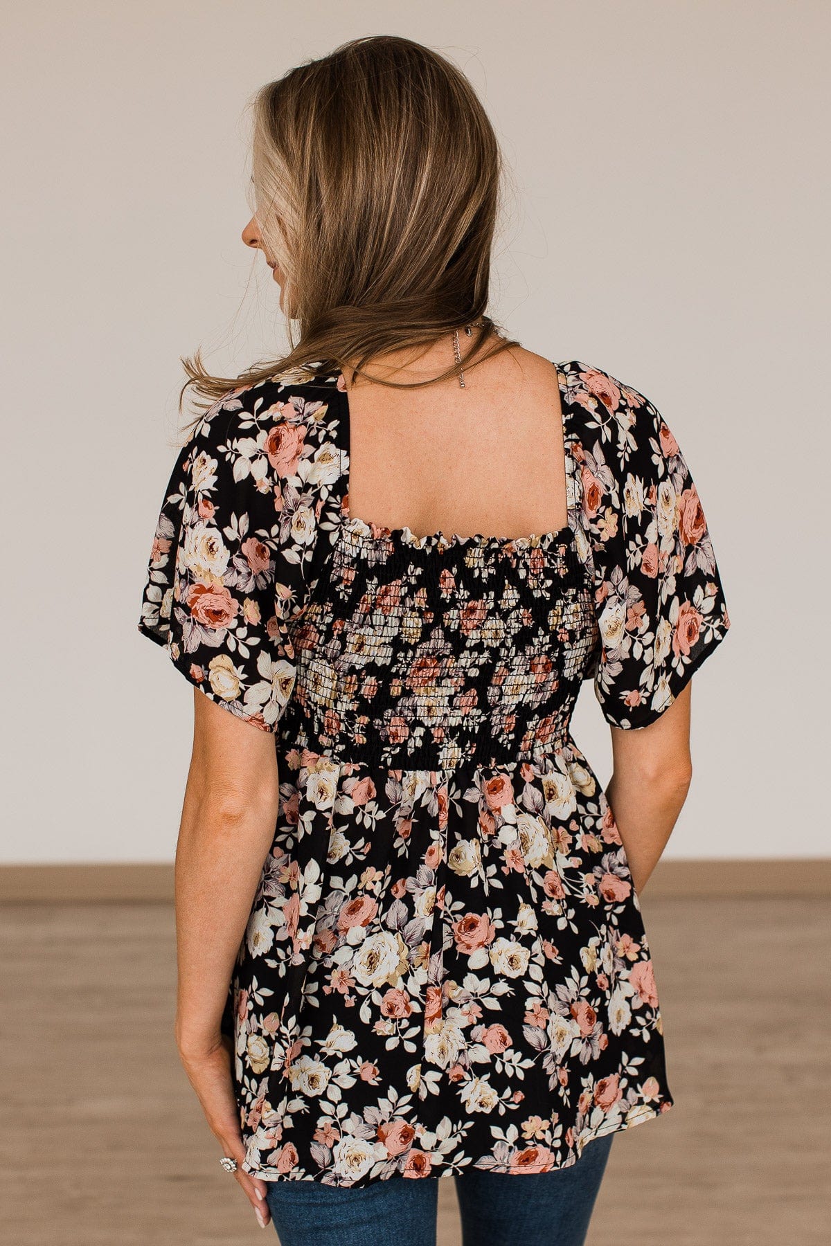 Catch A Glimpse Floral Smocked Blouse- Black