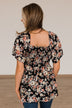 Catch A Glimpse Floral Smocked Blouse- Black