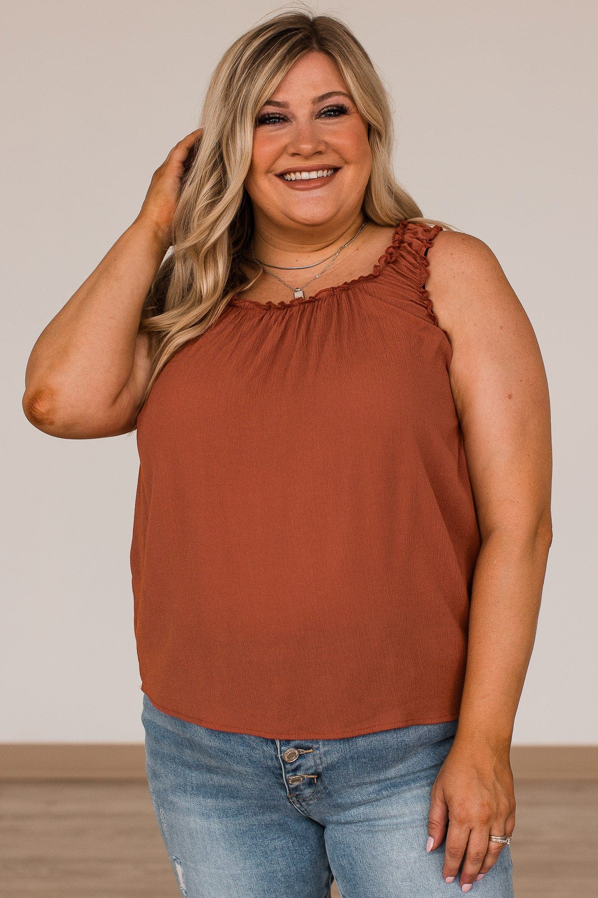 Make Me Yours Ruffle Tank Top- Rust