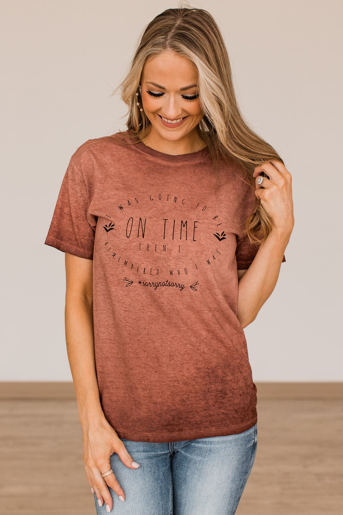 "I Was Going To Be On Time..." Graphic Top- Rust