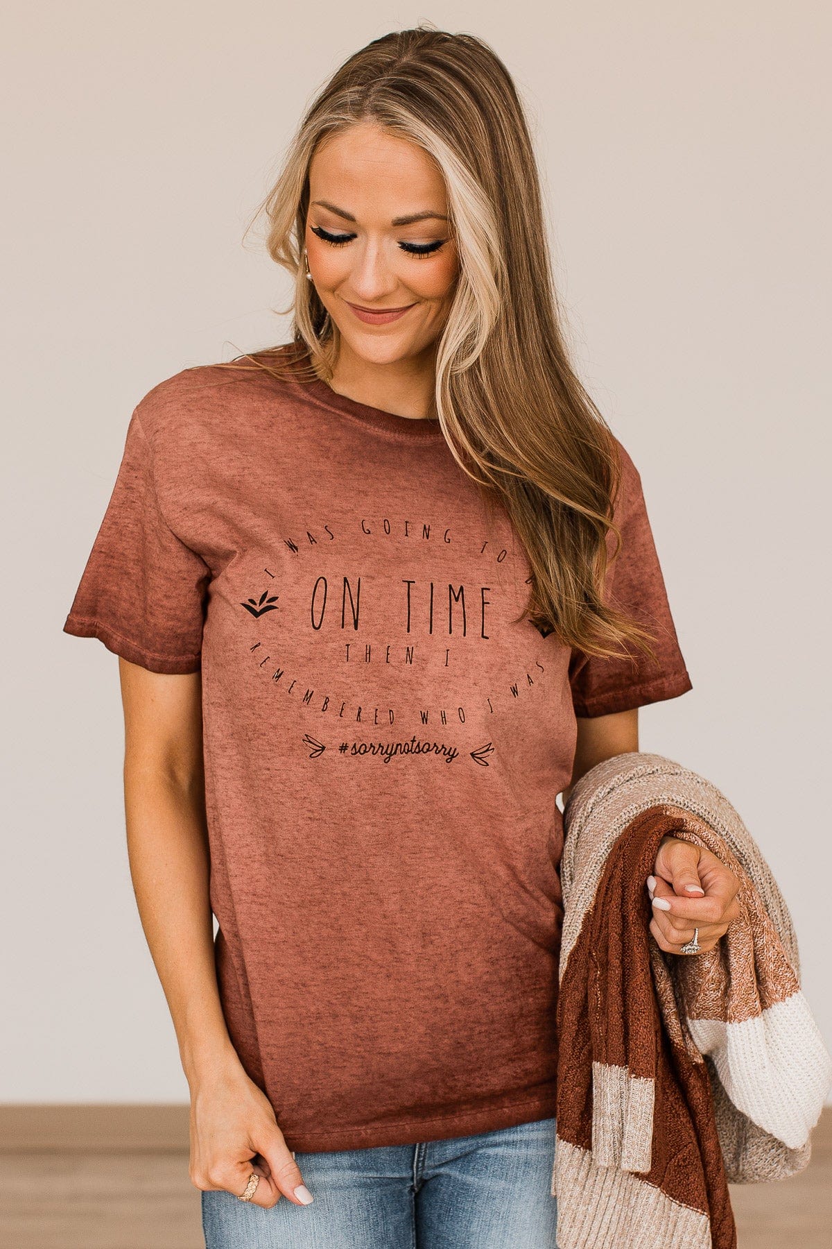 "I Was Going To Be On Time..." Graphic Top- Rust