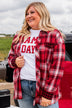 Make Some Noise Plaid Button Top- Red