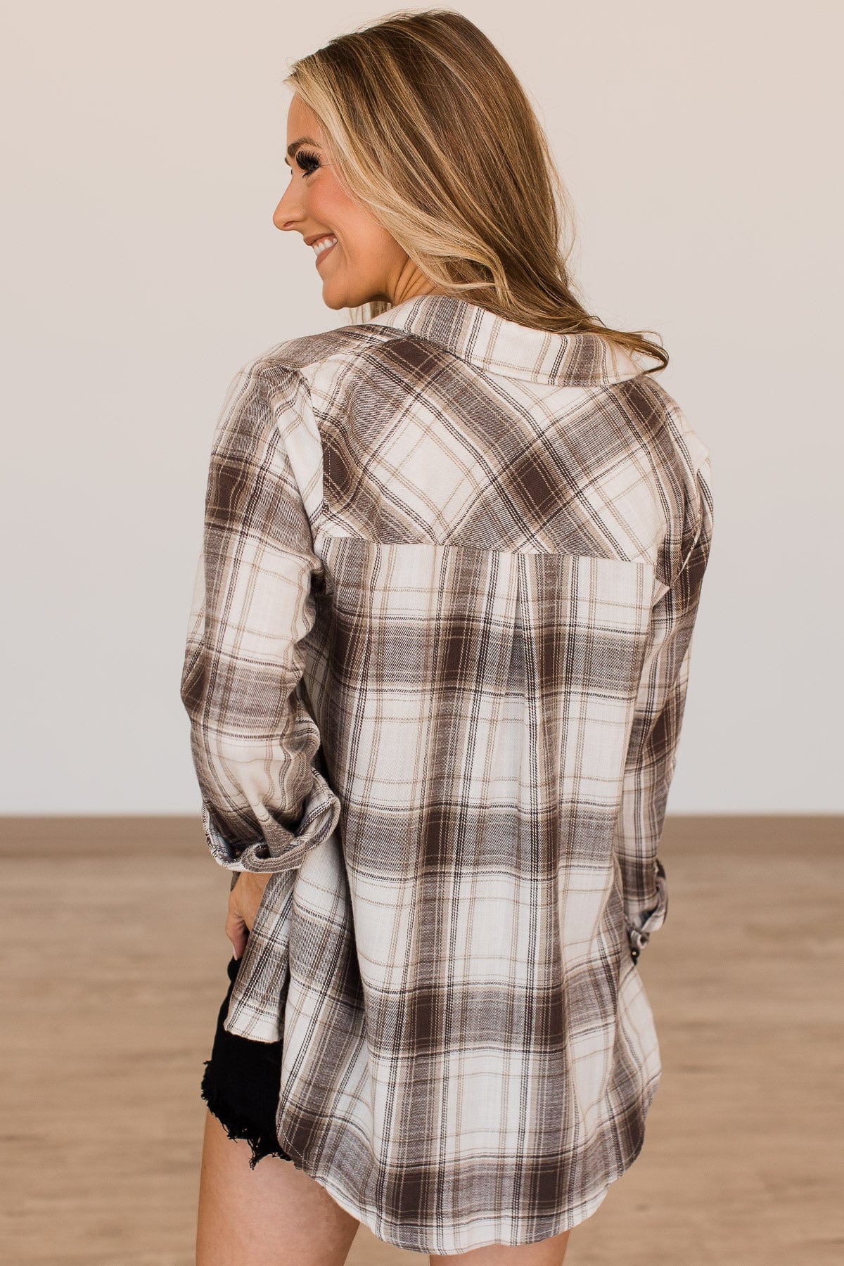 Make It Count Plaid Button Top- Ivory & Taupe