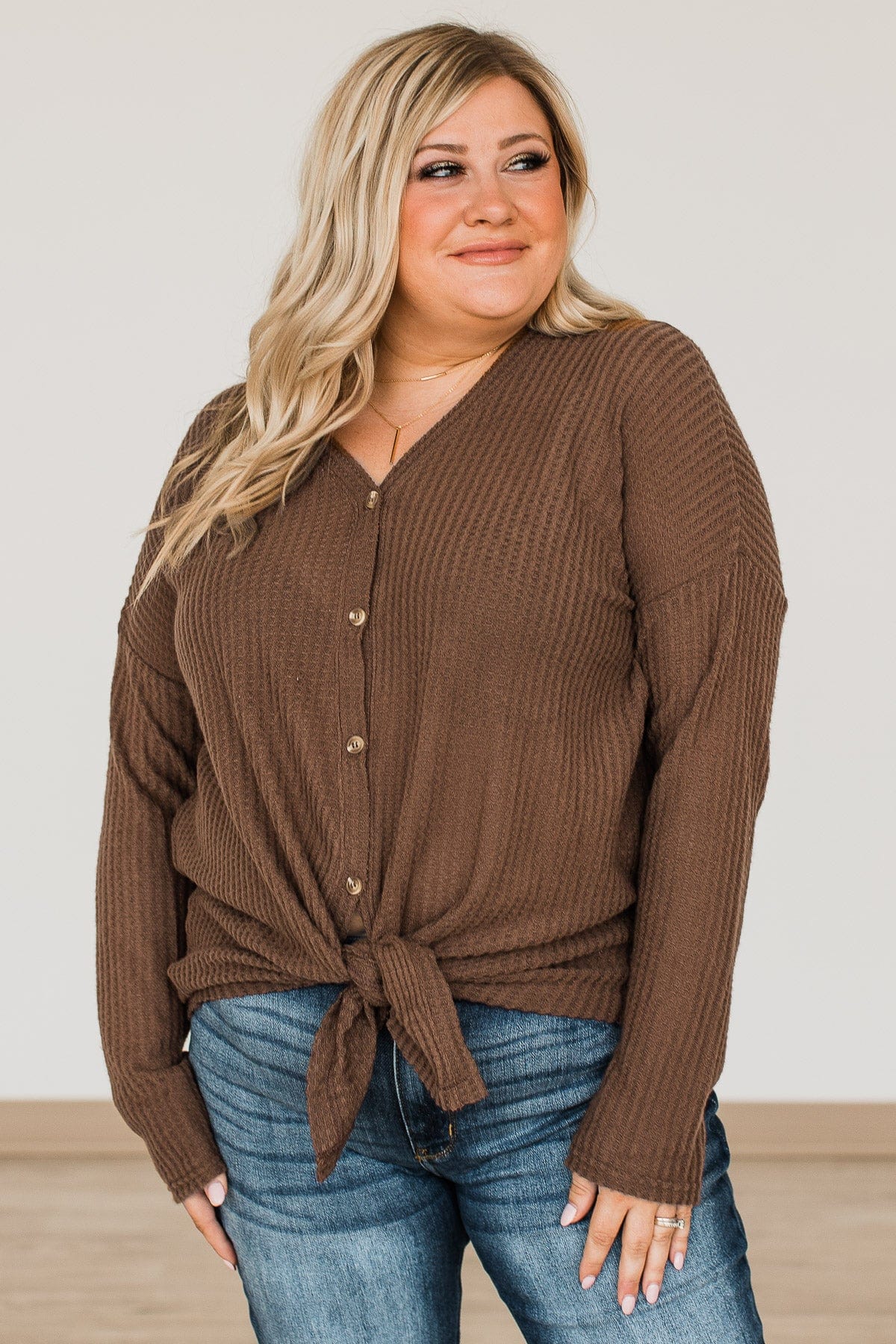 Campfire Cozy Waffle Knit Button Top- Brown