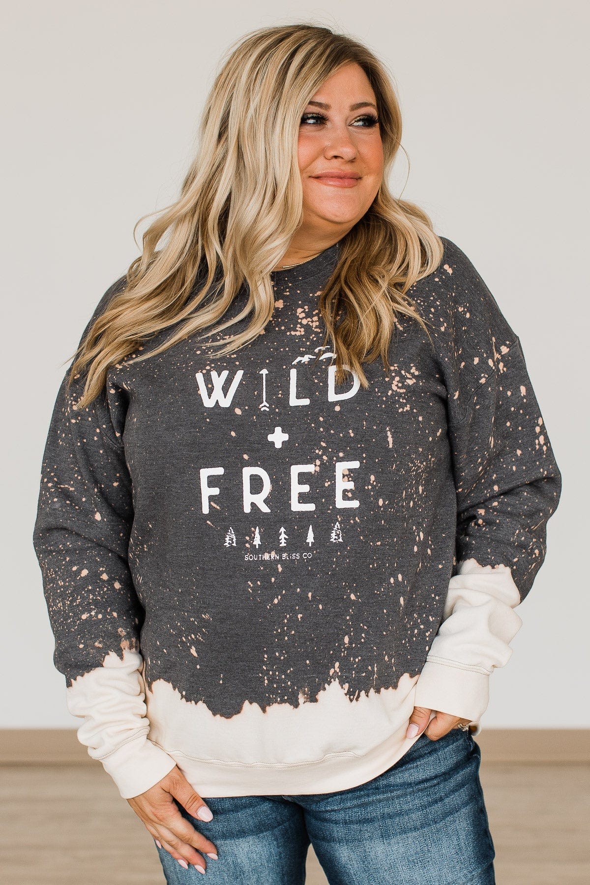 "Wild + Free" Crew Neck Pullover- Charcoal