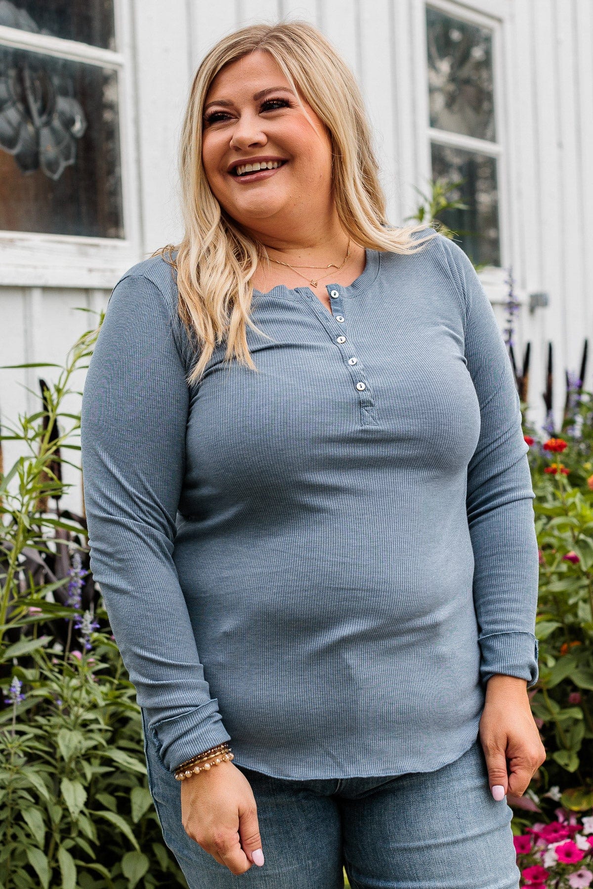 Rise To The Top Long Sleeve Henley Top- Denim Blue