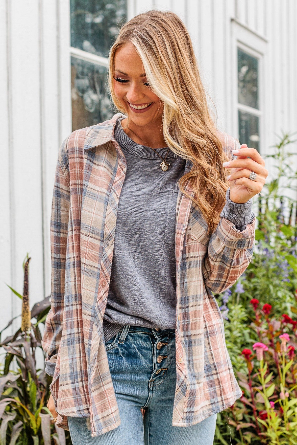 Right Place, Right Time Flannel Button Up Top- Slate
