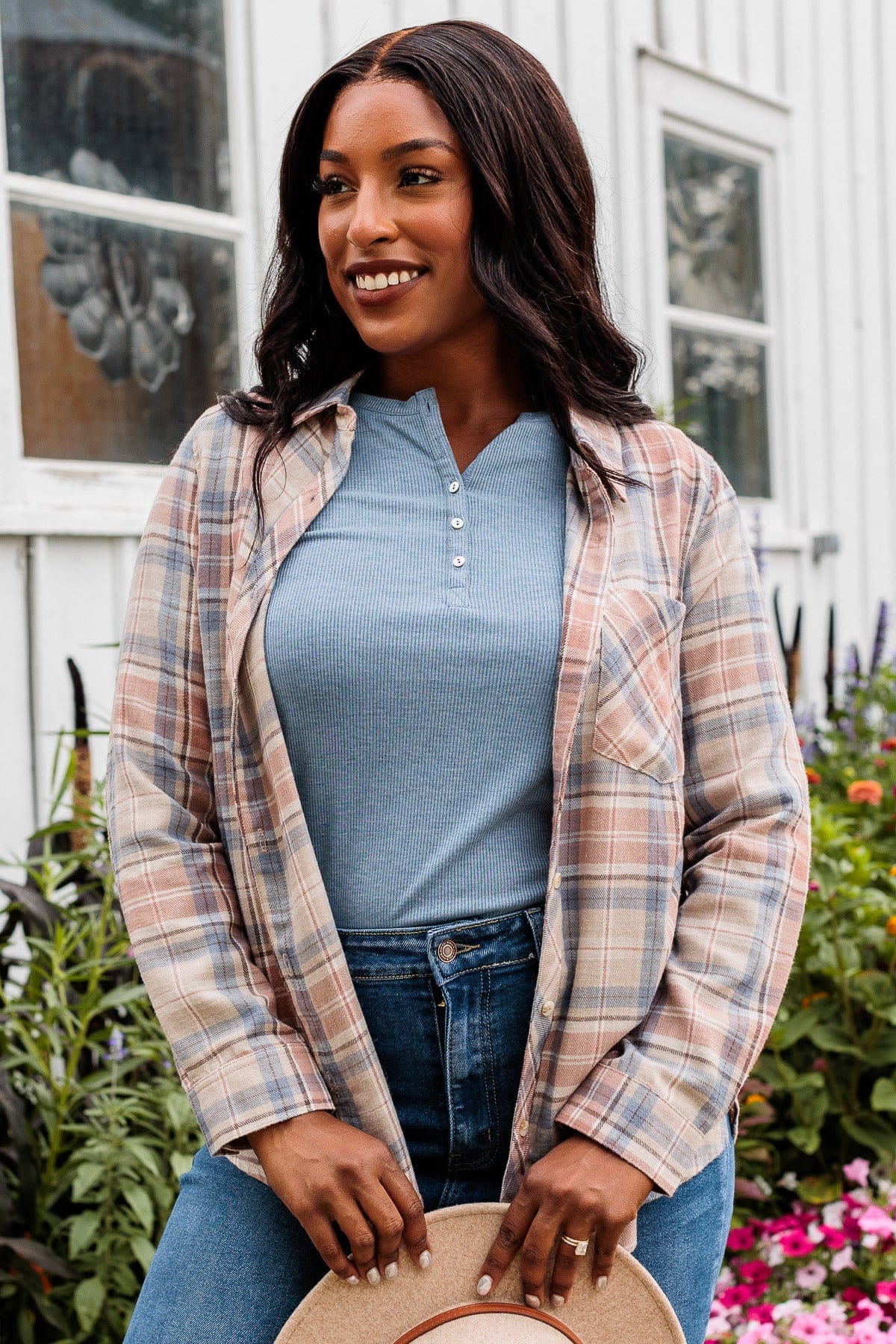 Right Place, Right Time Flannel Button Up Top- Slate