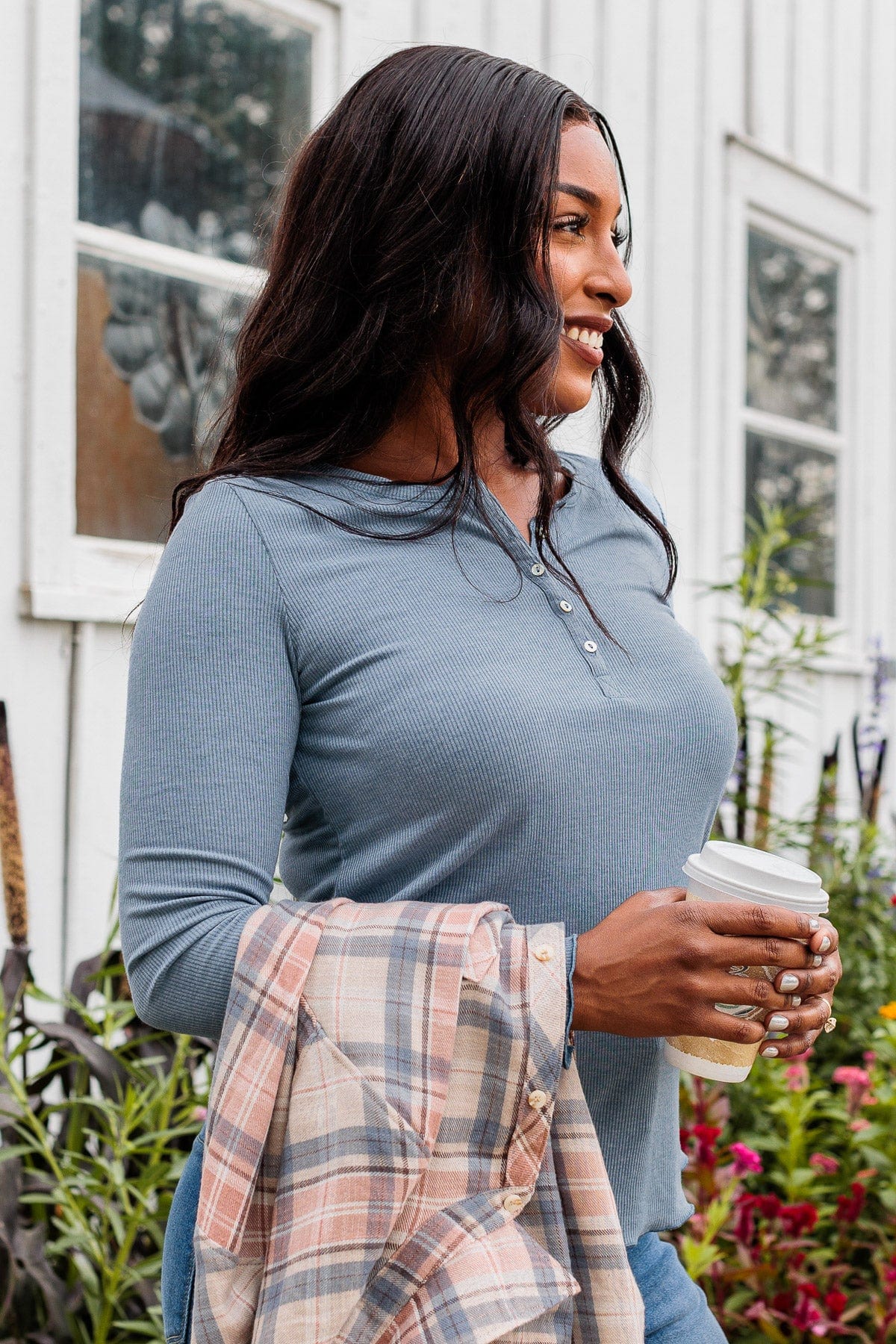 Rise To The Top Long Sleeve Henley Top- Denim Blue