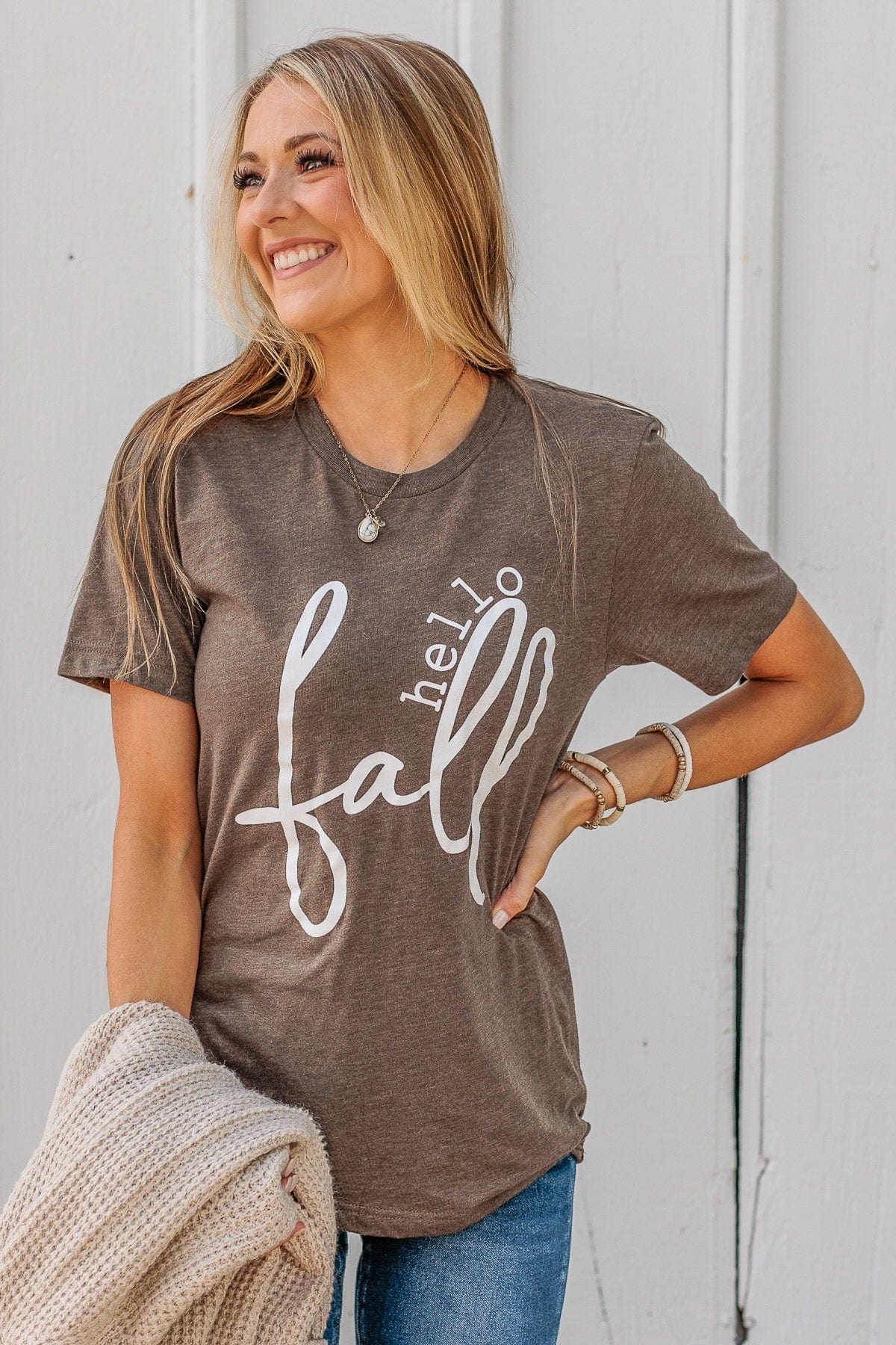 Greeting The Season "Hello Fall" Graphic Tee- Dark Mocha