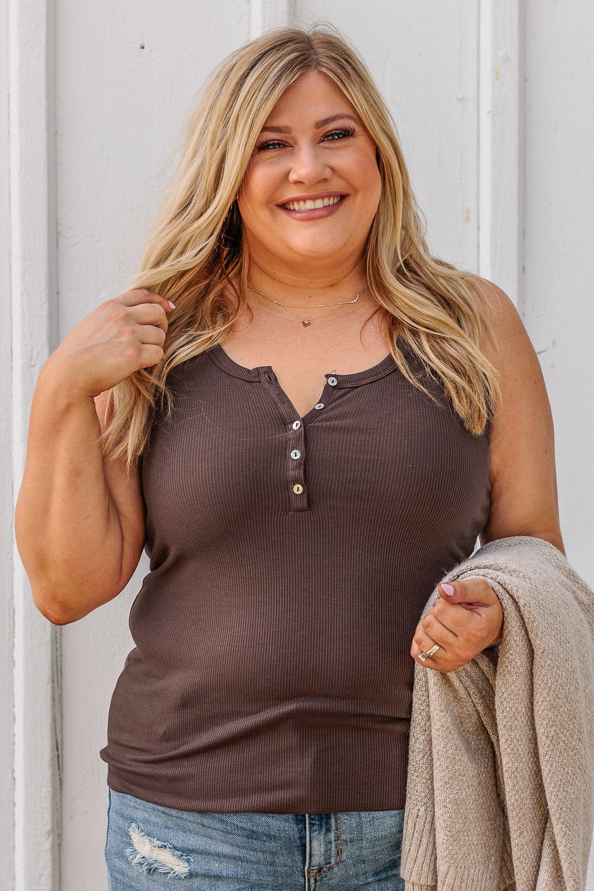 Bound To Be Beautiful Button Henley Tank Top- Brown