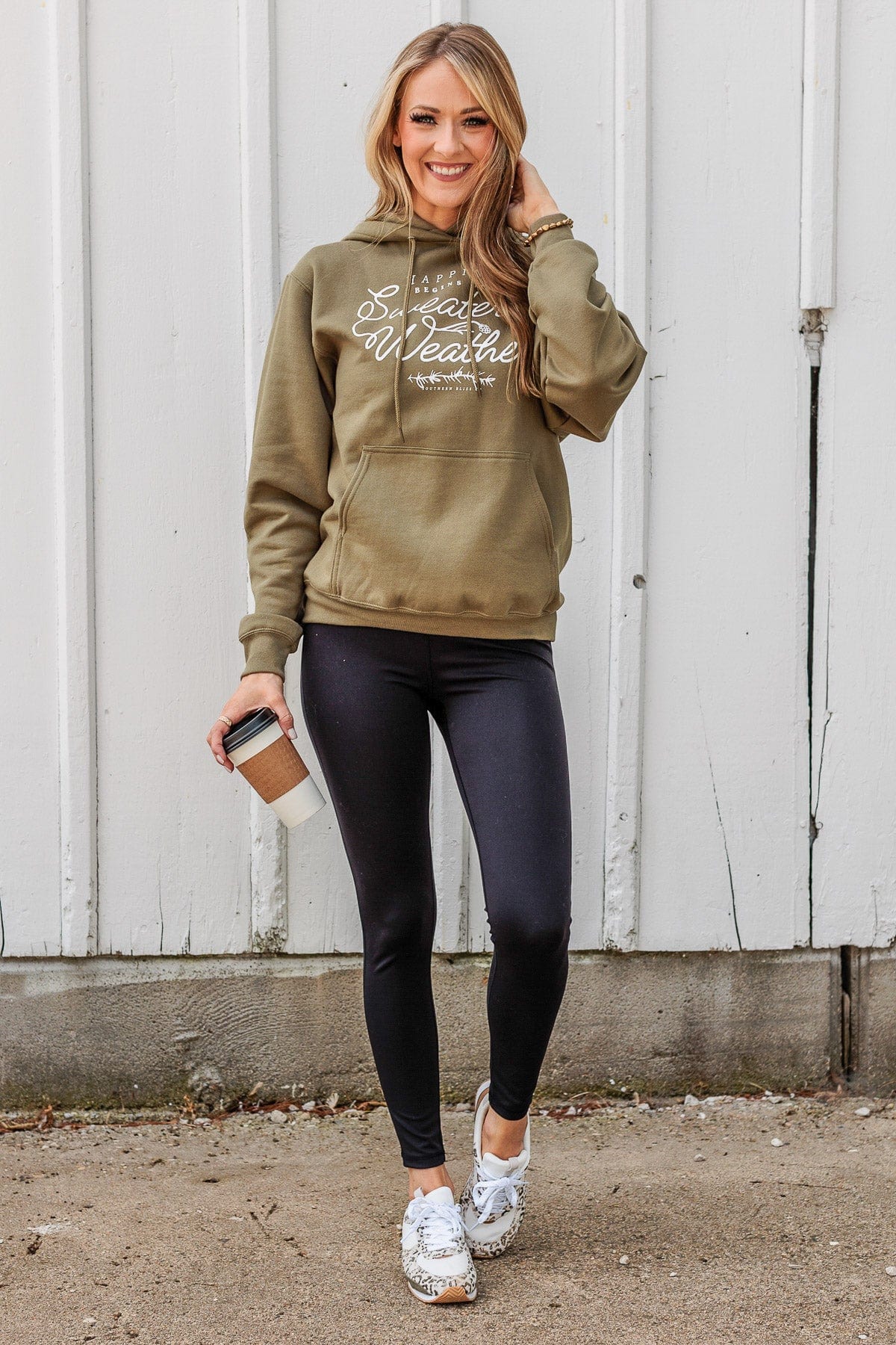 "Happiness Begins With Sweater Weather" Hoodie- Olive