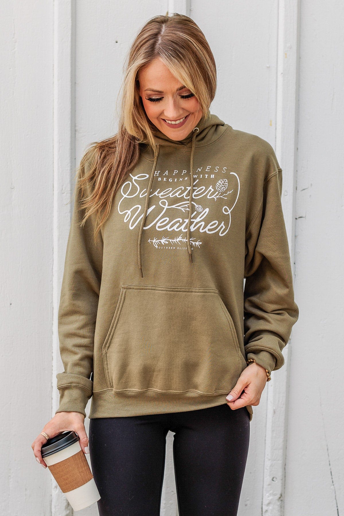 "Happiness Begins With Sweater Weather" Hoodie- Olive