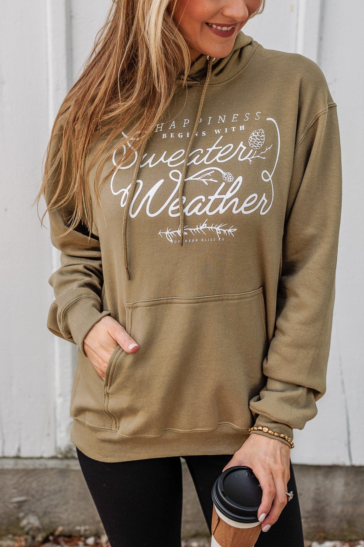 "Happiness Begins With Sweater Weather" Hoodie- Olive