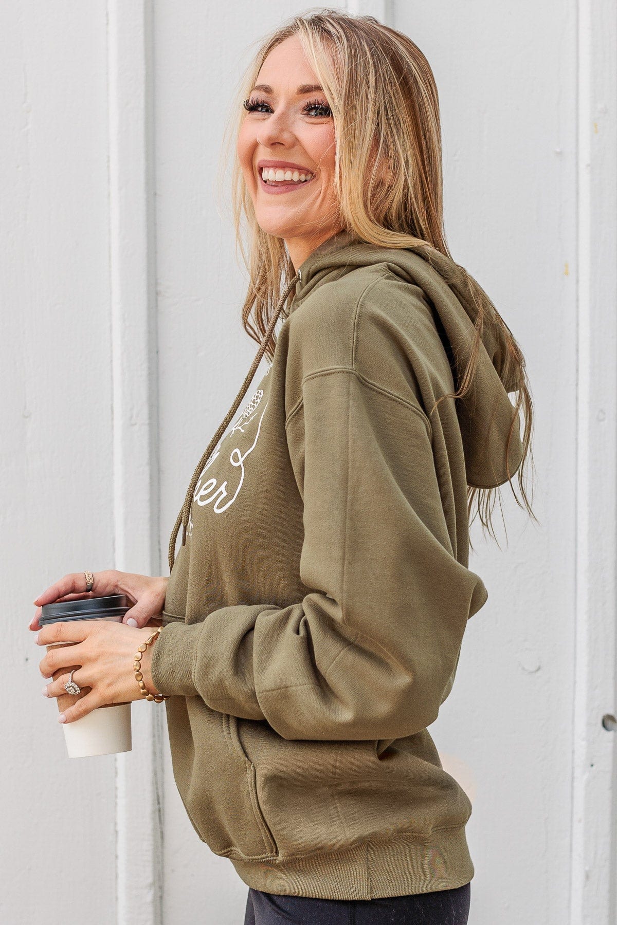 "Happiness Begins With Sweater Weather" Hoodie- Olive