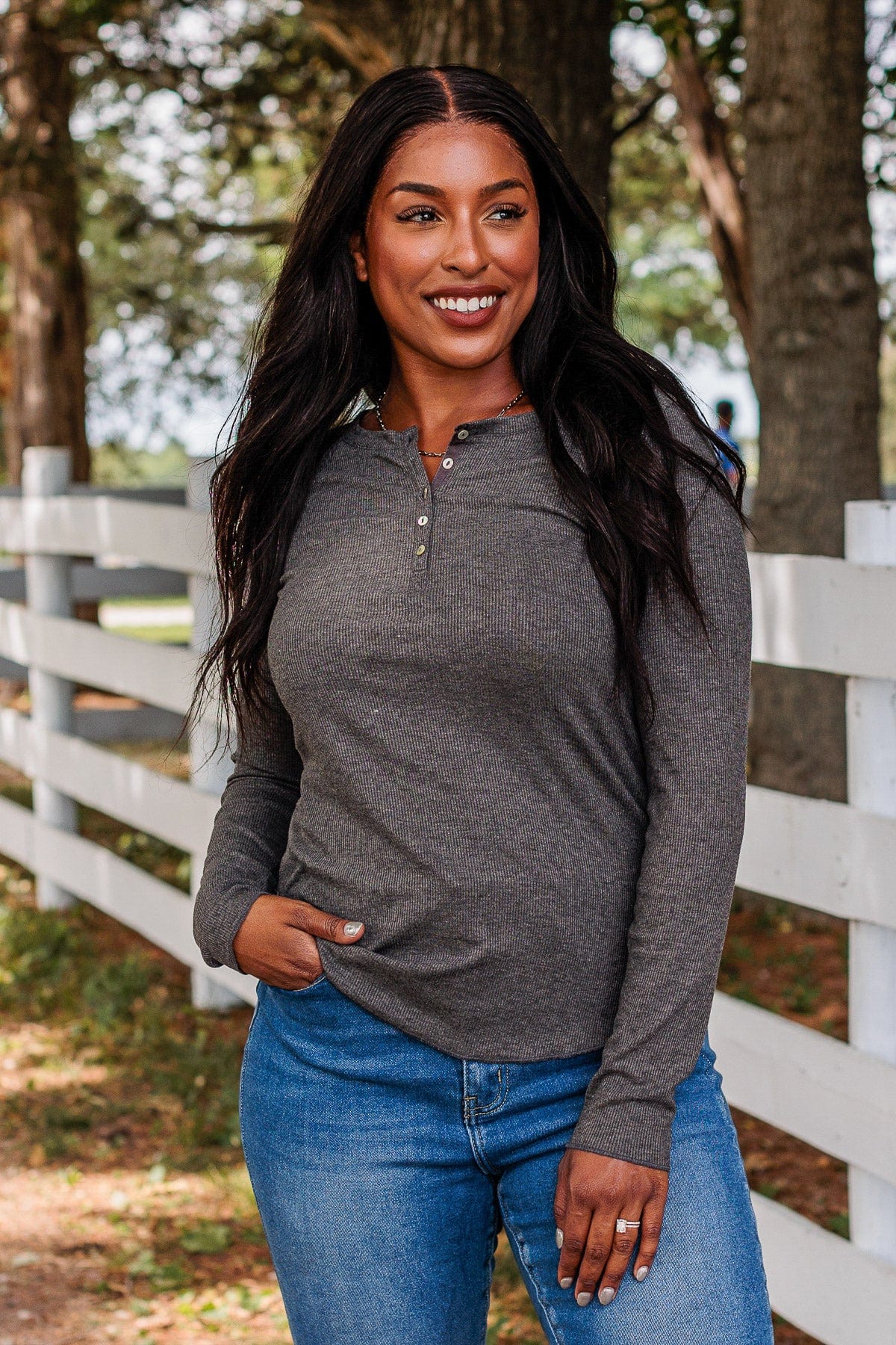 Rise To The Top Long Sleeve Henley Top- Charcoal