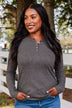 Rise To The Top Long Sleeve Henley Top- Charcoal