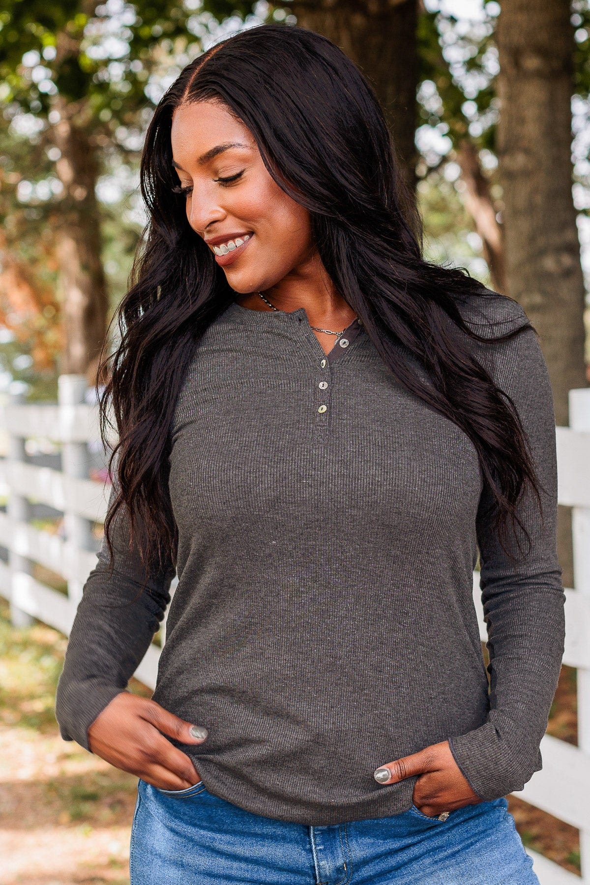 Rise To The Top Long Sleeve Henley Top- Charcoal