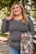 Rise To The Top Long Sleeve Henley Top- Charcoal