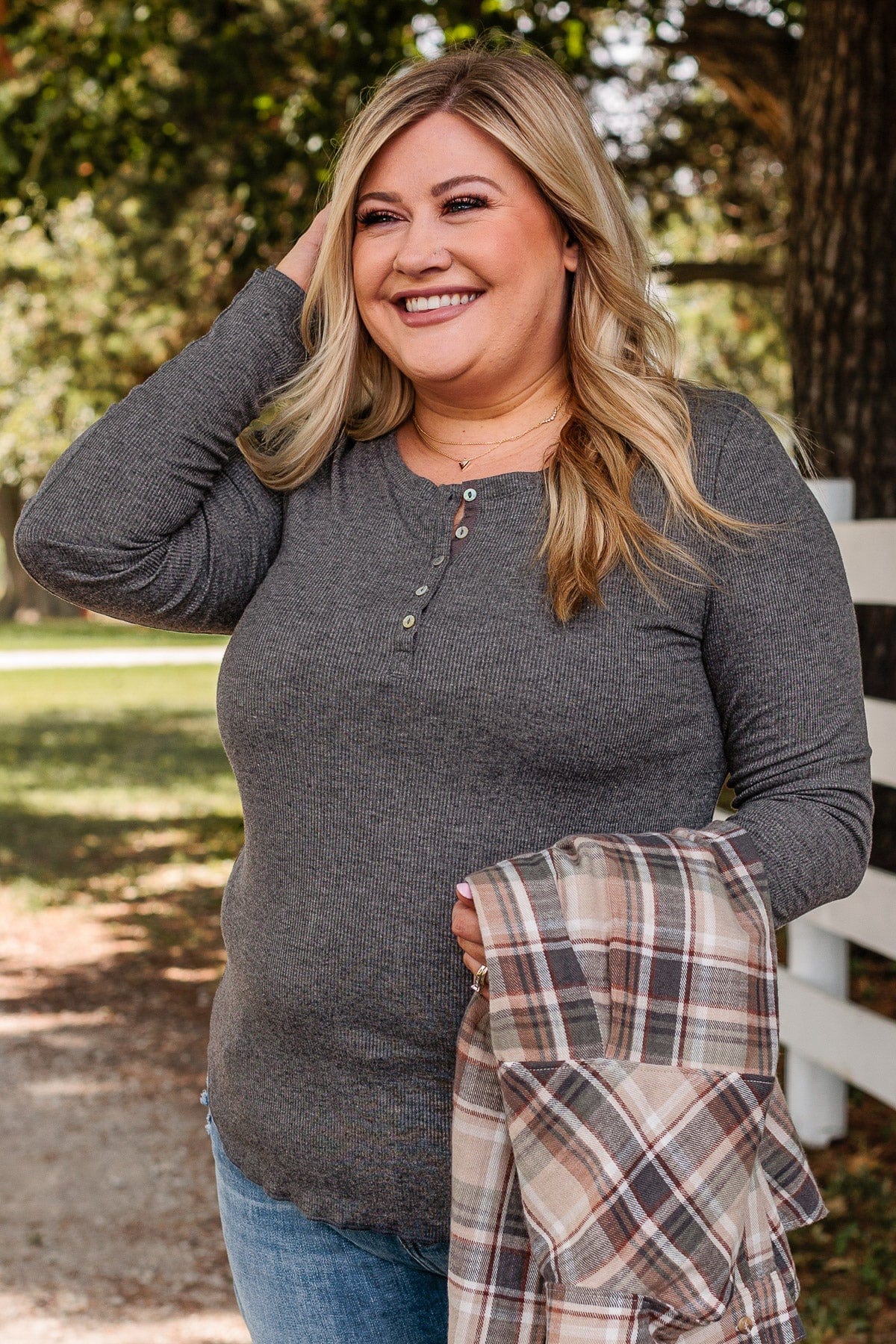 Rise To The Top Long Sleeve Henley Top- Charcoal