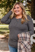 Rise To The Top Long Sleeve Henley Top- Charcoal