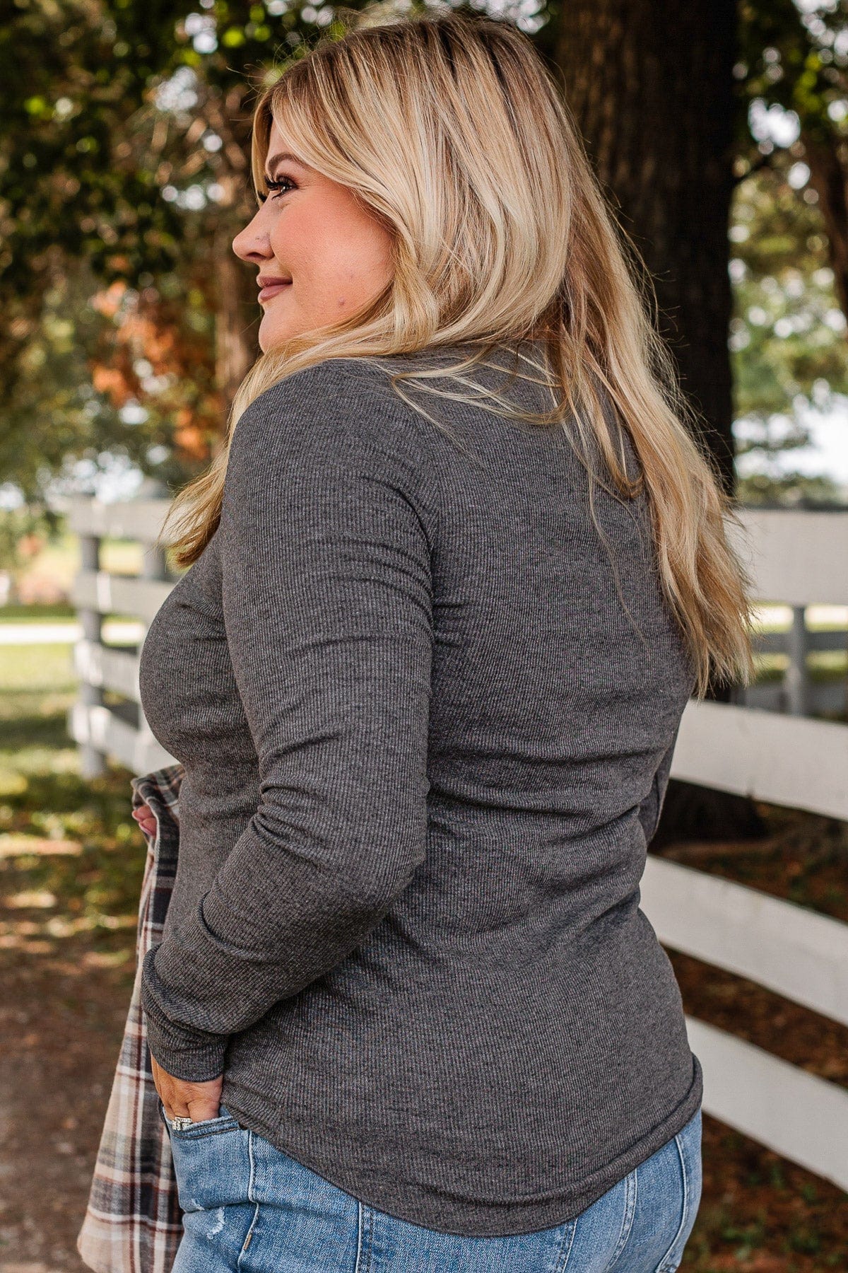 Rise To The Top Long Sleeve Henley Top- Charcoal