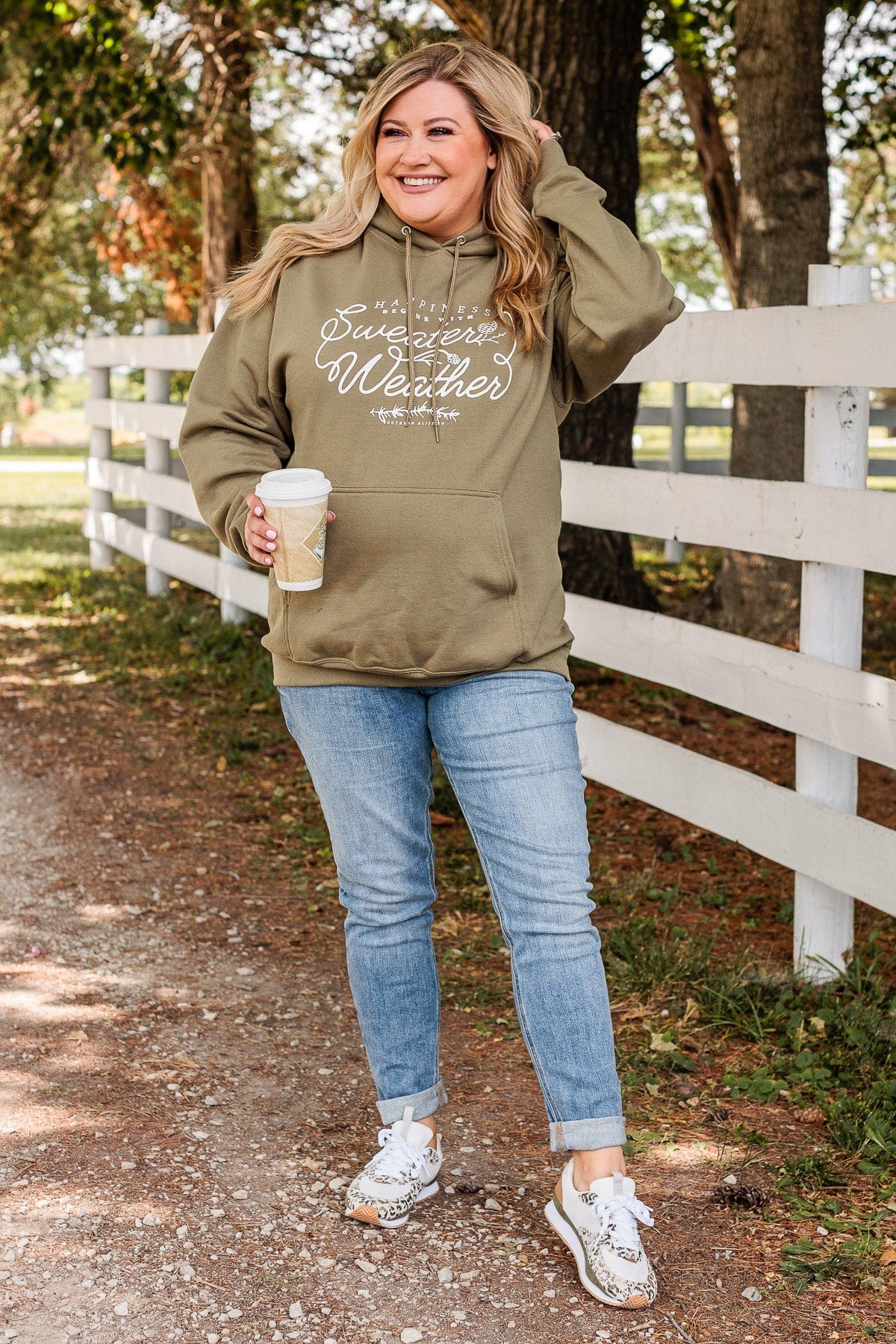 "Happiness Begins With Sweater Weather" Hoodie- Olive