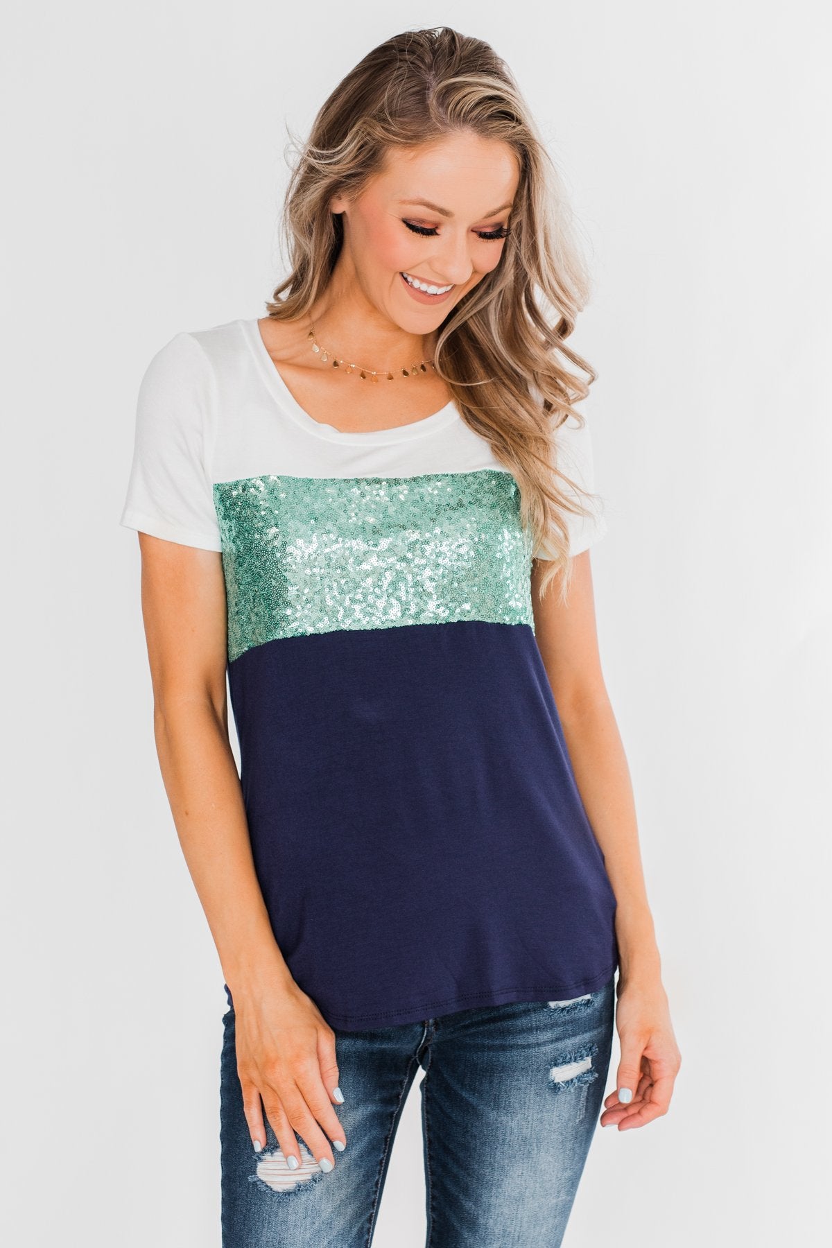 Part Of Your World Sequin Top- Teal Green & Navy