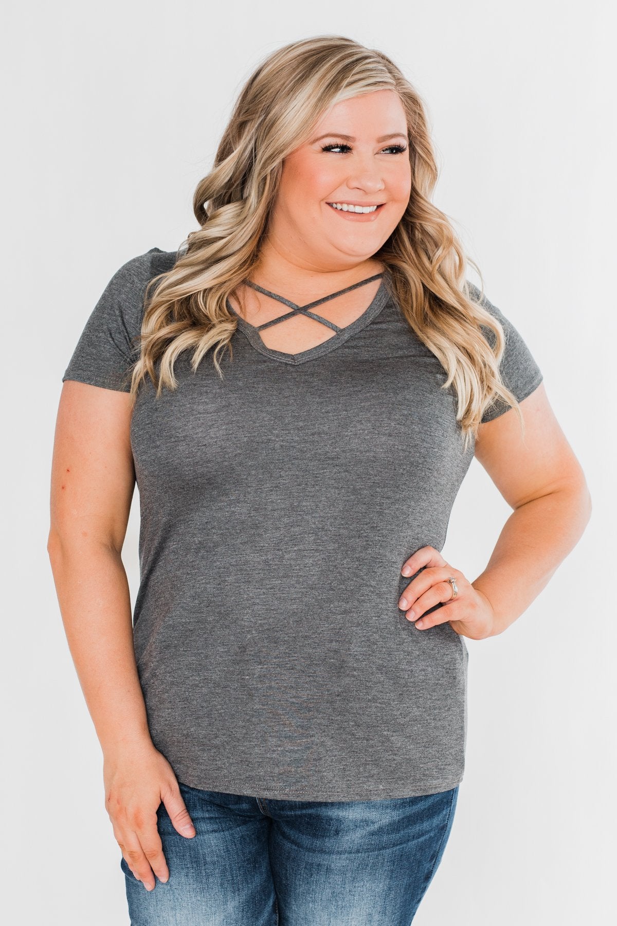 Meet Me Here Short Sleeve Top - Light Charcoal