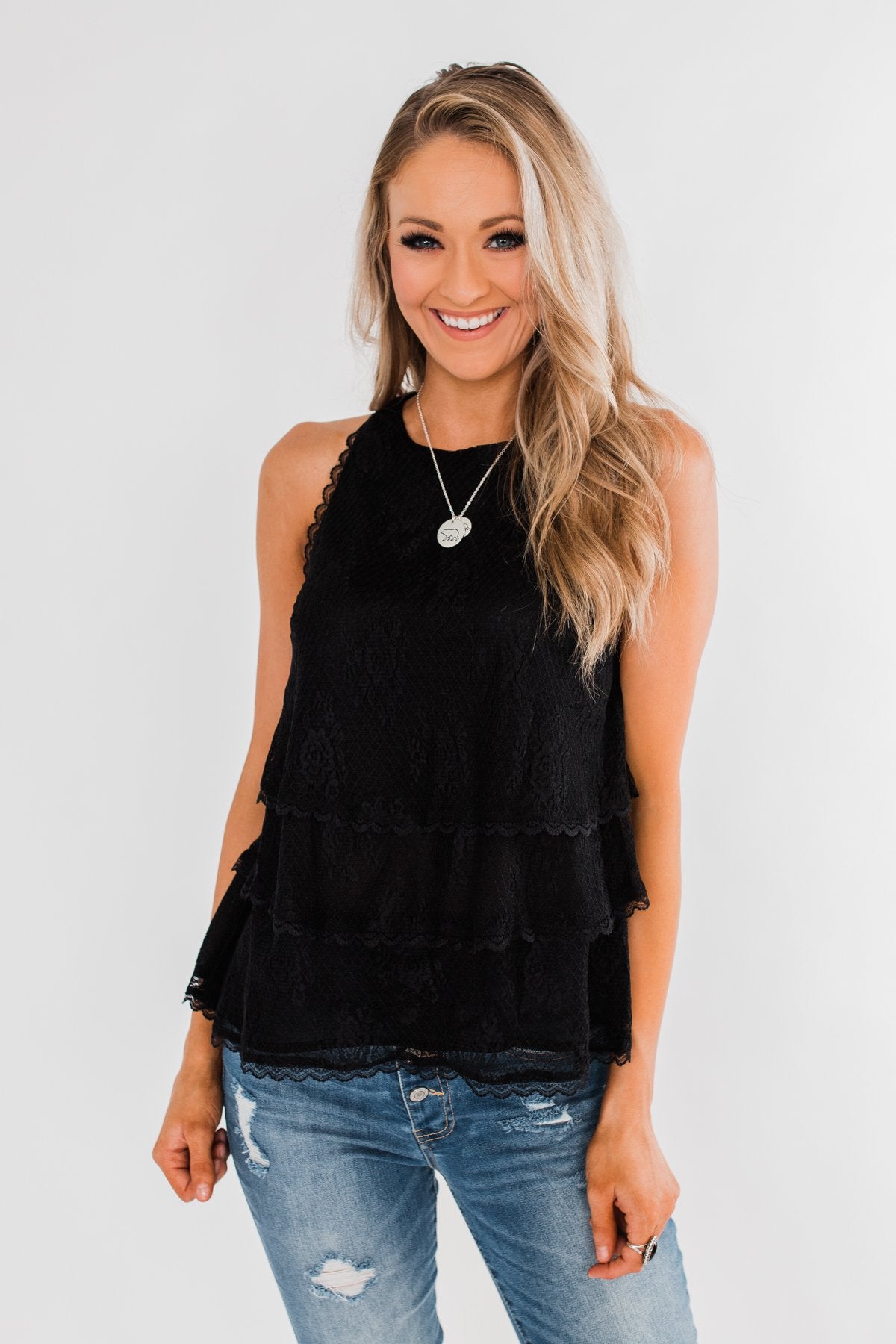 Captivating In Lace Ruffle Tank Top- Black
